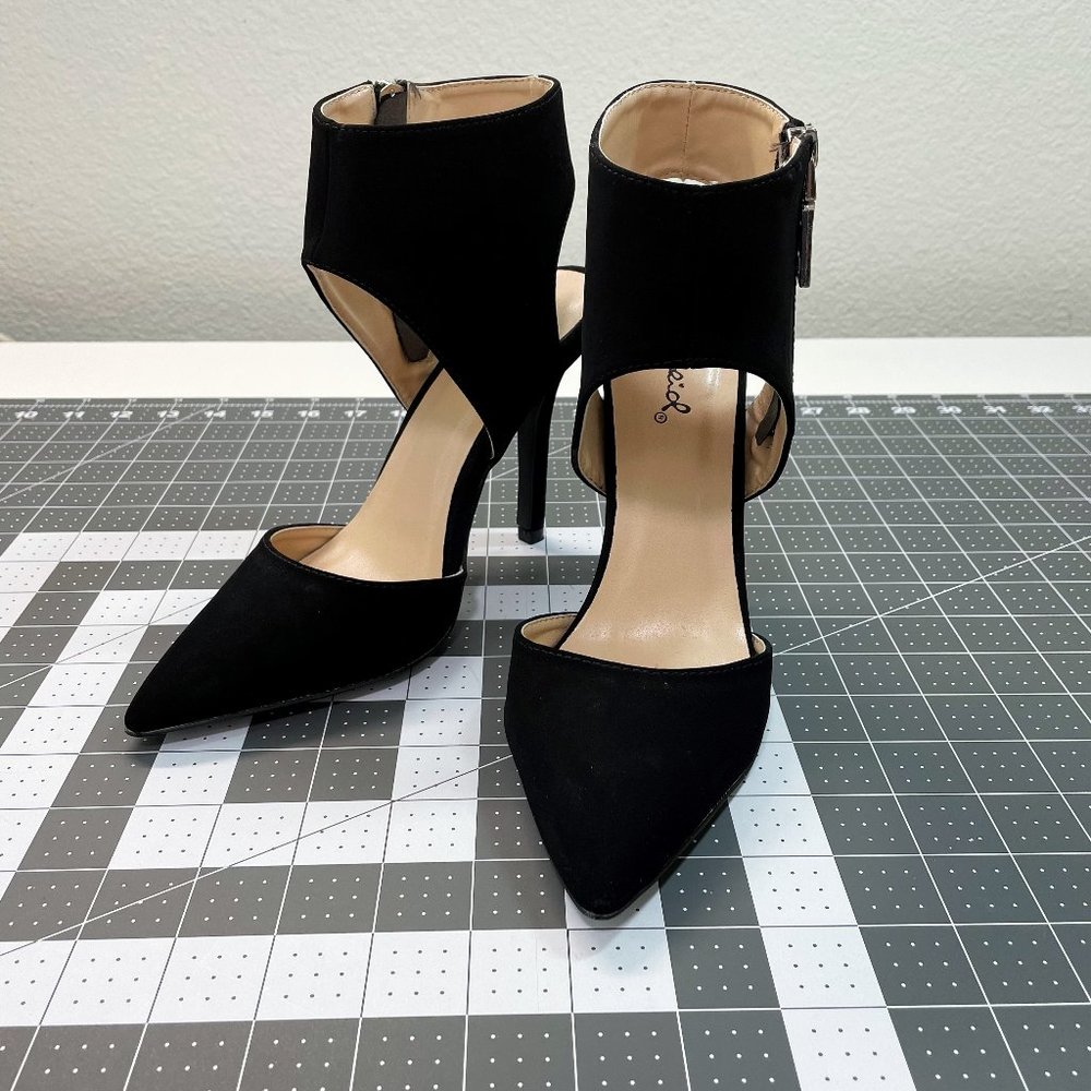 Qupid Velvet Zip Ankle Strap Stiletto Heels